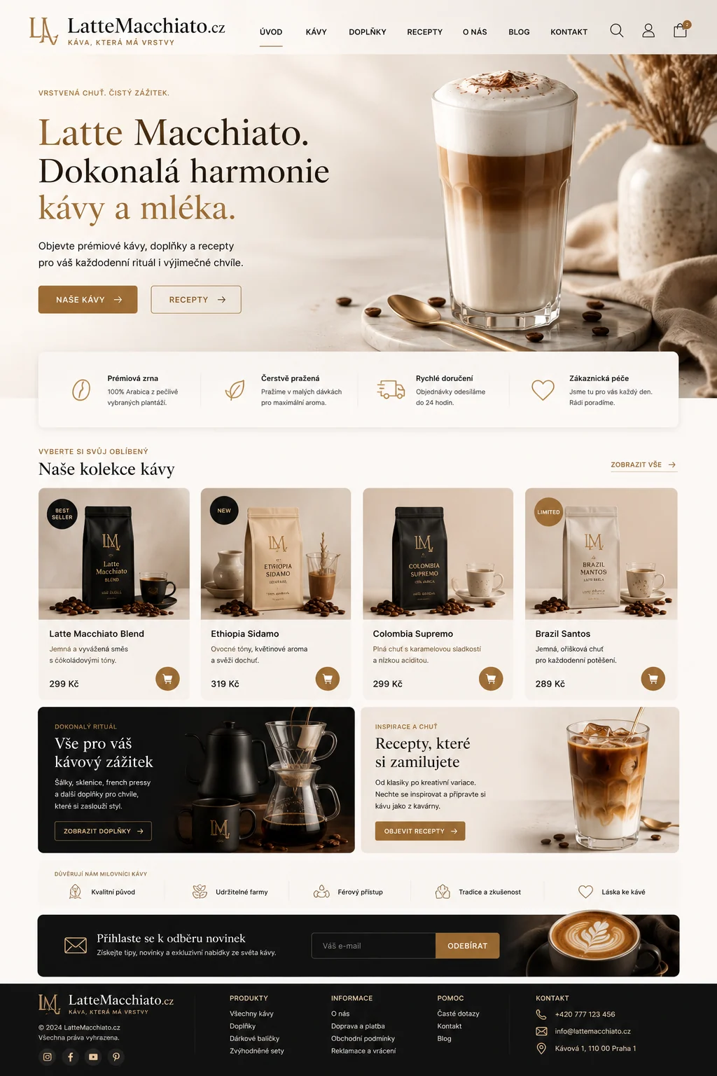 Světlý návrh e-shopu LatteMacchiato.cz s kávou, příslušenstvím a recepty